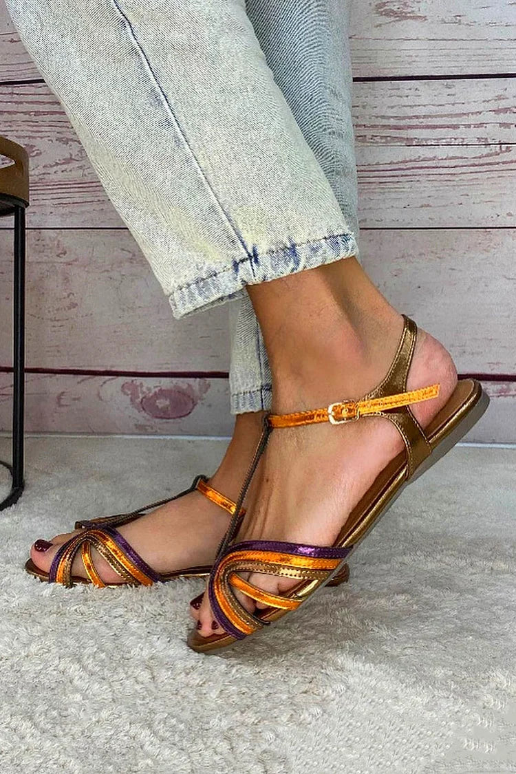 Albaira - Sandalias Doradas con Hebilla y Tira Multicolor para Verano