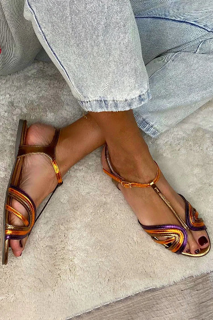 Albaira - Sandalias Doradas con Hebilla y Tira Multicolor para Verano