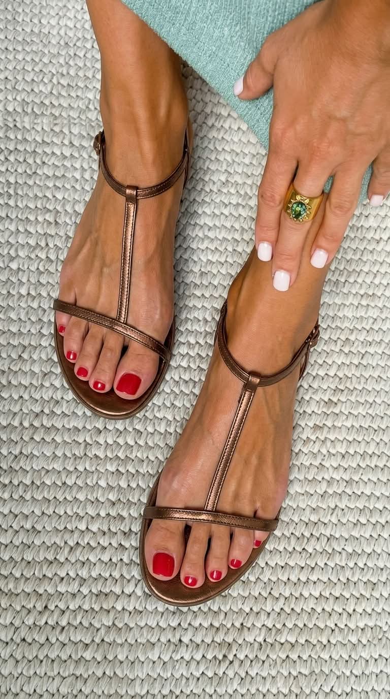 Zafira - Sandalias  Planas Metálicas con Tiras en T para Verano